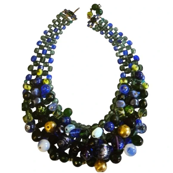 50s MCM CUSTOM WEST GERMANY BIB STYLE CLUSTER GLASS BEAD MULTICOLOR NECKLACE - Picture 2 of 4